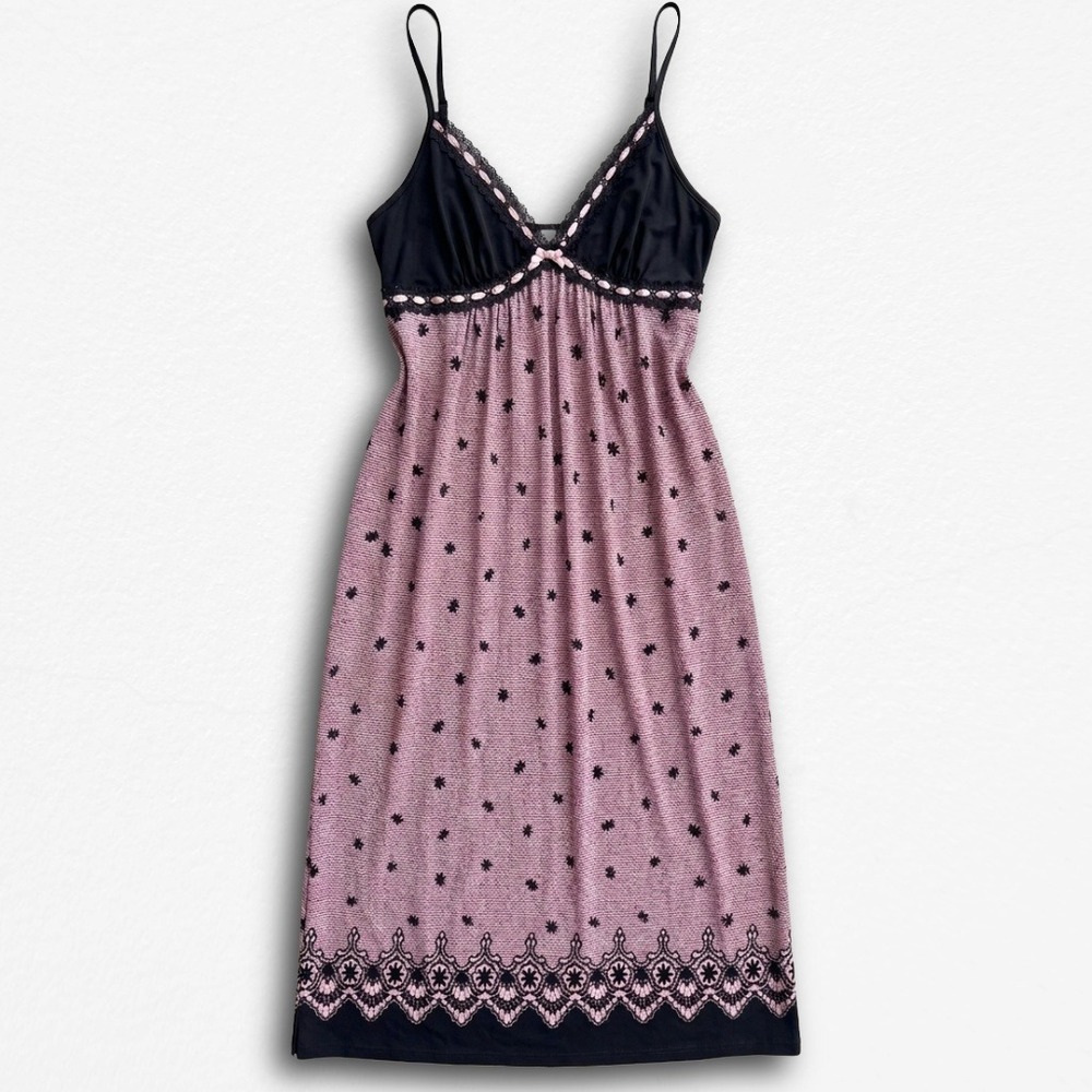 Studio Donatella Pink Black Star Print Nightgown Lace Trim Empire Waist Large